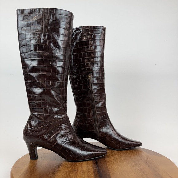 Womens Sarto By Franco Sarto Andria Brown Leather Croc Print Riding Boots Size 7